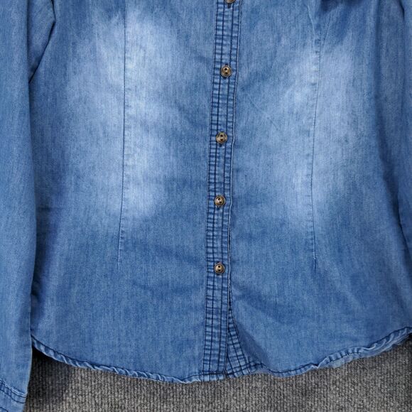 I Joah Denim Button Up Womens Medium Long Sleeve Blue Faux Pocket Polyester - Picture 4 of 12